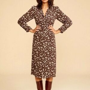 NWOT Rouje Clementine Brown White Floral Long Sleeve Button Front Midi Dress